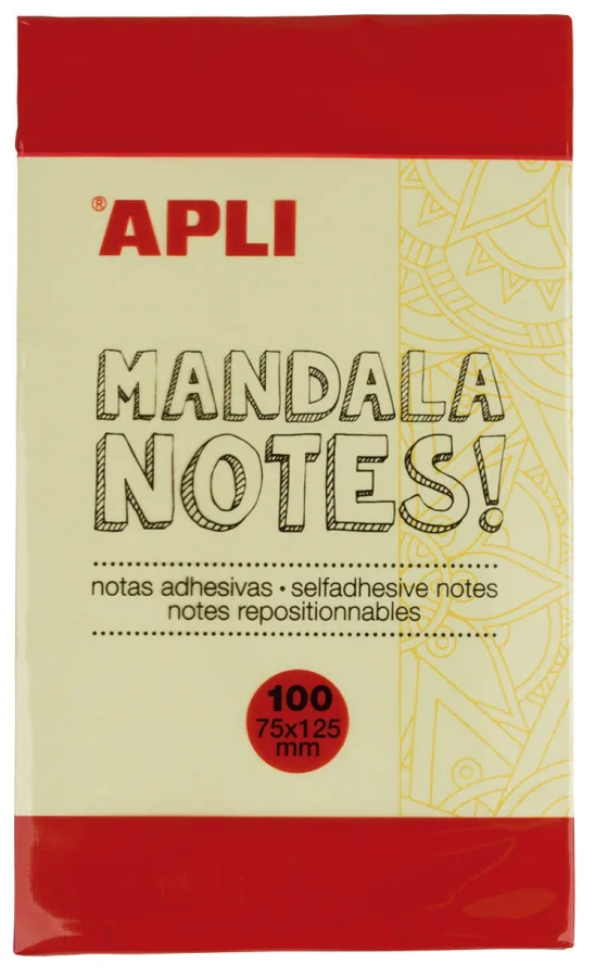 Apli Notas Adhesivas Mandala 125x75mm - 100 Hojas - Diseño Mandala - Adhesivo de Calidad - Amarillo