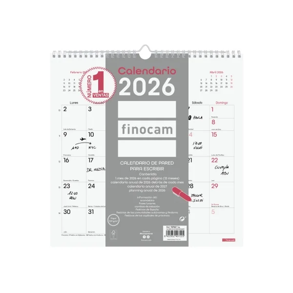 Finocam Chic Calendario de Pared - Anual 2026 - 300x5x310mm - Espacio para Escribir - Color Blanco