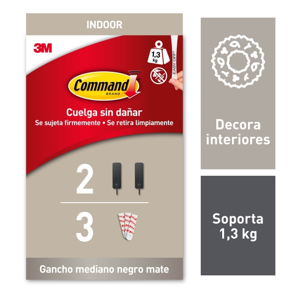 Command Pack de 2 Ganchos Medianos - 3 Tiras Adhesivas - Soporta hasta 1.3kg - Color Negro Mate