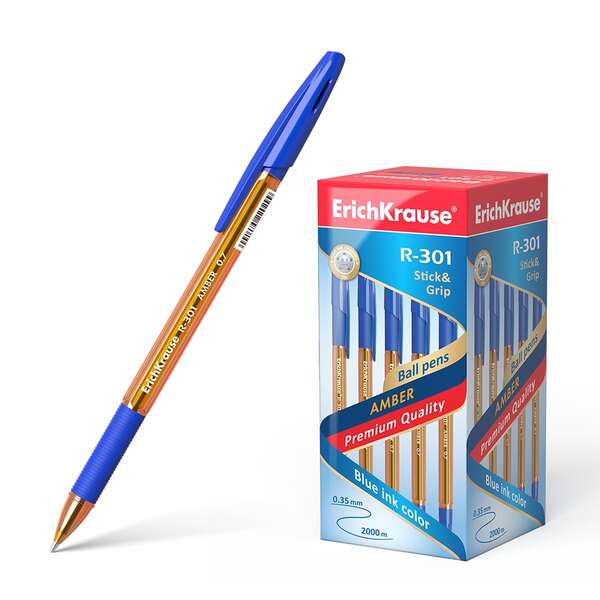 Erichkrause R-301 Amber Stick&Grip Boligrafo de Bola Punta 0.7mm - Trazo 0.35mm - Agarre con Grip de Goma - Tinta de Secado Rapido - Cuerpo Naranja Transparente - Capuchon Ventilado - Color Azul · Pack de 50 uds.