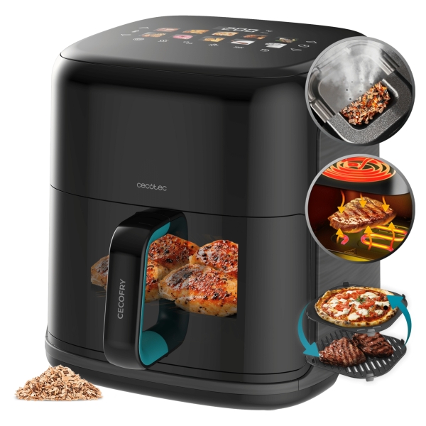 Cecotec Cecofry and Grill Smokin'Prime 6500 Freidora de Aire con Doble Resistencia - 2200W - Capacidad 6.5L - Temperatura Regulable - Grill - Ahumador - Ventana de Visualizacion - Color Negr