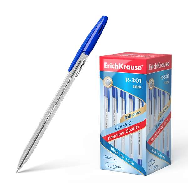 Erichkrause R-301 Boligrafo de Bola Punta 1.0mm - Trazo 0.5mm - Tinta de Secado Rapido - Cuerpo Transparente - Capuchon Ventilado - Color Azul · Pack de 50 uds.