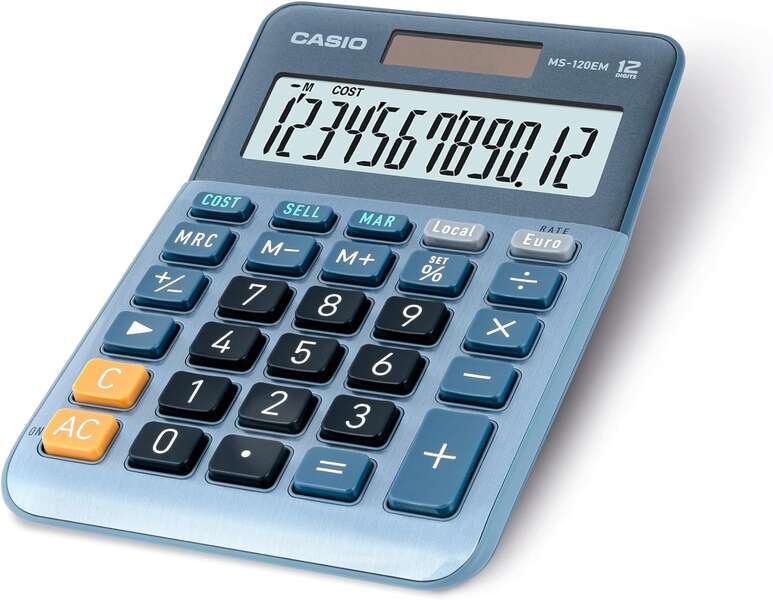 Casio MS-120EM Calculadora de Sobremesa Pequeña - Pantalla LCD de 12 Digitos - Alimentacion Solar y Pilas - Color Azul
