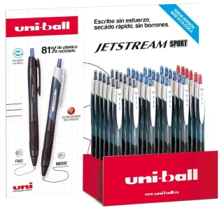 Uni-ball JetStream Sport SXN-150E Expositor con 36 Boligrafos de Tinta Pigmentada - Punta de Bola 1mm - Retractil - Secado Instantaneo - Ideal para Zurdos - Colores Surtidos