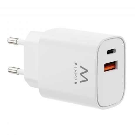 Ewent EW1326 Cargador GaN 30W - 1xUSB-C PD3.0 QC3.0 - 1xUSB-A QC3.0 - Color Blanco