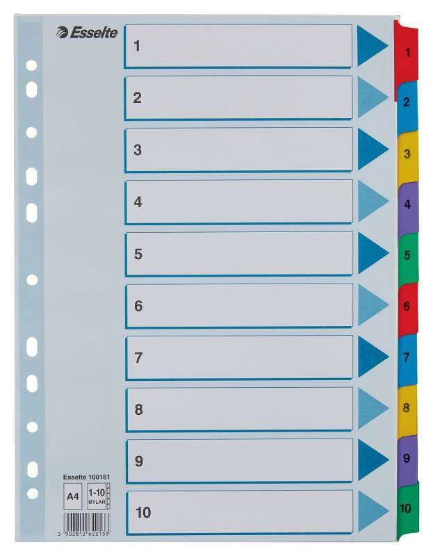 Esselte Indice de Carton con Pestañas Reforzadas - A4 - Numeradas 1-10 - Multicolor