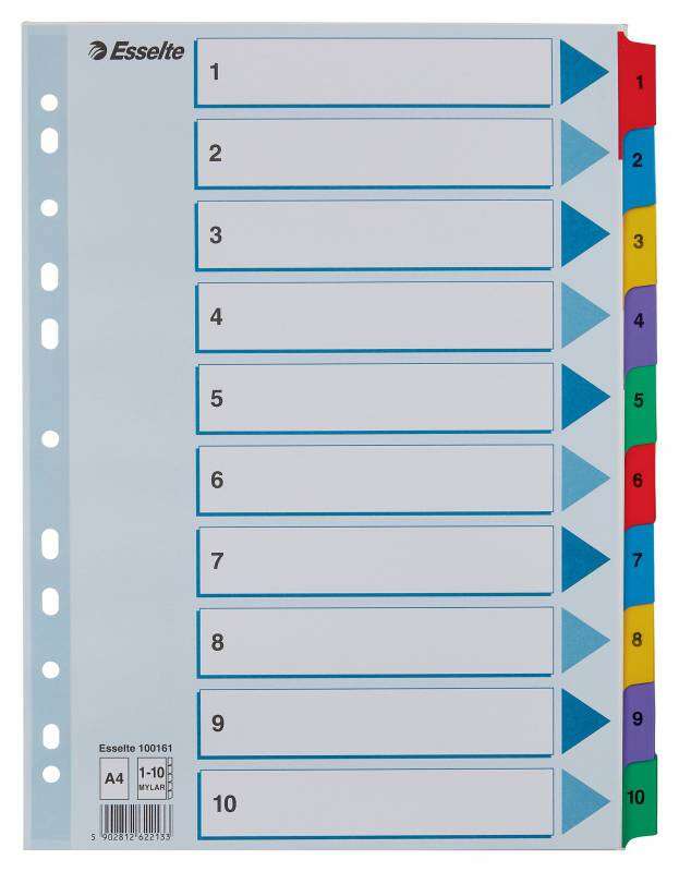 Esselte Indice de Carton con Pestañas Reforzadas - A4 - Numeradas 1-10 - Multicolor