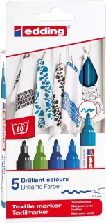 Edding 4500 Colores Frios Pack de 5 Rotuladores Permanentes para Textil - Punta Redonda - Trazo 2-3mm - Olor Neutro - Secado Rapido - Colores Negro, Azul, Azul Claro, Azul Oriental y Verde C