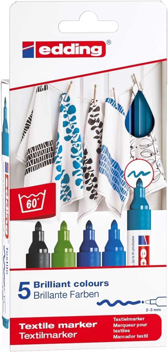 Edding 4500 Colores Frios Pack de 5 Rotuladores Permanentes para Textil - Punta Redonda - Trazo 2-3mm - Olor Neutro - Secado Rapido - Colores Negro, Azul, Azul Claro, Azul Oriental y Verde C
