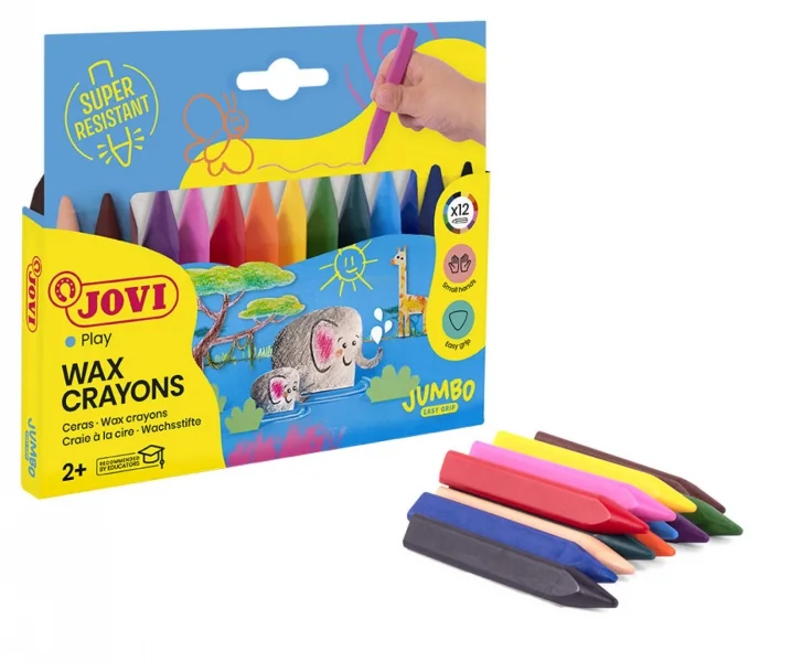 Jovi Triwax Estuche de 12 Ceras Triangulares - No Manchan - Trazo Suave - Gran Rendimiento - Apto para Sacapuntas - Libre de Alergenos - Colores Surtido