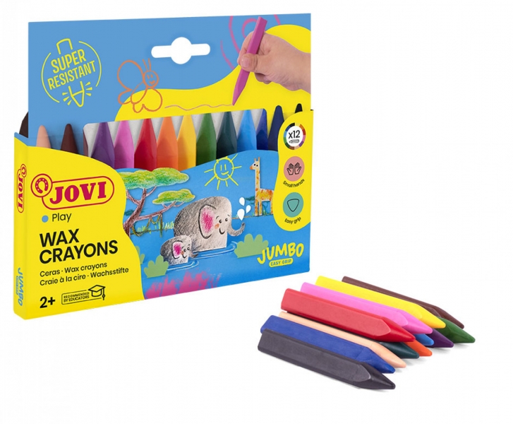 Jovi Triwax Estuche de 12 Ceras Triangulares - No Manchan - Trazo Suave - Gran Rendimiento - Apto para Sacapuntas - Libre de Alergenos - Colores Surtido