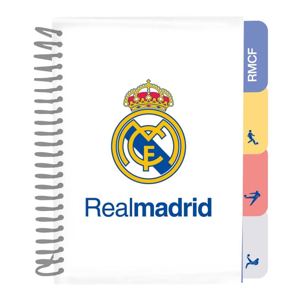 Safta Real Madrid Equipacion 26/27 Bloc de Notas - Formato A5 - 80 Hojas de 80 g/m2 - Espiral - Tapas Duras - 4 Separadores Interiores - 14.8x2.1cm - Color Blanco