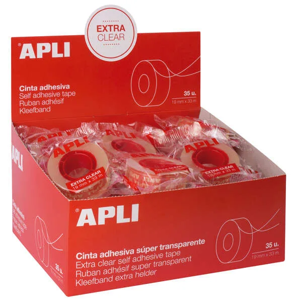 Apli Cinta Adhesiva Extra Clear 19mm x 33m - Resistente al Agua y a la Intemperie - Facil de Cortar con las Manos - Transparente Transparente · Pack de 35 uds.