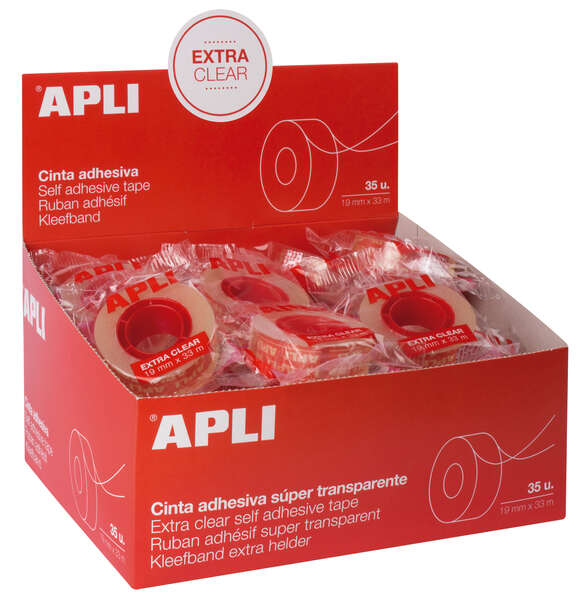 Apli Cinta Adhesiva Extra Clear 19mm x 33m - Resistente al Agua y a la Intemperie - Facil de Cortar con las Manos - Transparente Transparente · Pack de 35 uds.