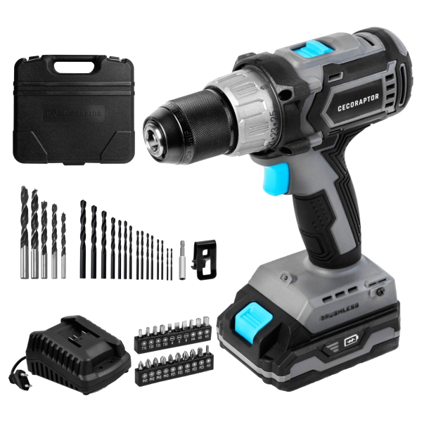 Cecotec CecoRaptor Perfect Drill 2020 Brushless Ultra Taladro Atornillador - Torque 46Nm - 2000rpm - Bateria 2Ah 20V - Luz LED - Incluye Accesorios - Motor sin Escobillas - Color Negro y Gri