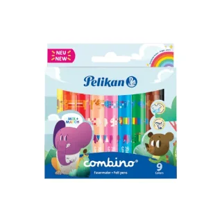 Pelikan Combino Jumbo Pack de 9 Rotuladores de Colores - Lavables - No Toxicos - 2 Anchos de Trazo - Punta de Fibra - Colores Surtidos