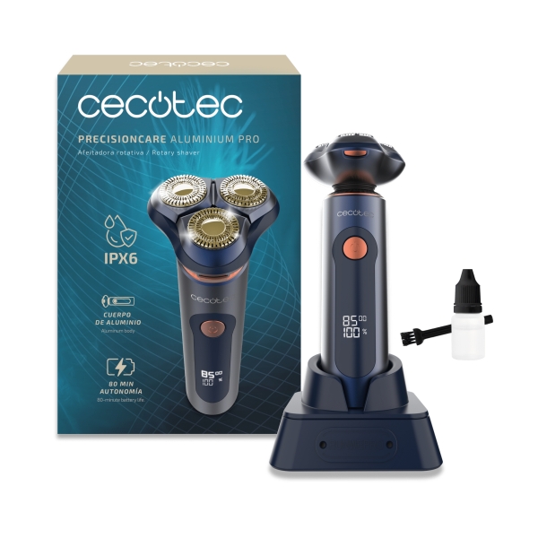 Cecotec PrecisionCare Pro Afeitadora Rotativa - Pantalla LCD - Cuchillas de Titanio Dobles - Autonomia 80min - Resistencia IPX6 - Base de Carga - Color Azul Marino
