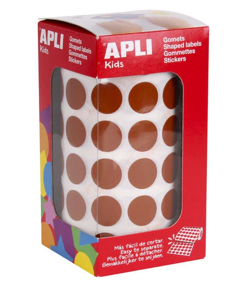 Apli Rollo con 2.832 Gomets Redondos Ø 15mm - Ideal para Escuelas y Talleres Infantiles - Normas EN-71 y FSC Cumplidas - Color Marron