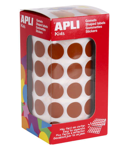 Apli Rollo con 2.832 Gomets Redondos Ø 15mm - Ideal para Escuelas y Talleres Infantiles - Normas EN-71 y FSC Cumplidas - Color Marron
