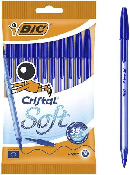 Bic Cristal Soft Pack de 10 Boligrafos de Bola - Punta Media de 1.2mm - Trazo 0.45mm - Escritura mas Fluida - Color Azul