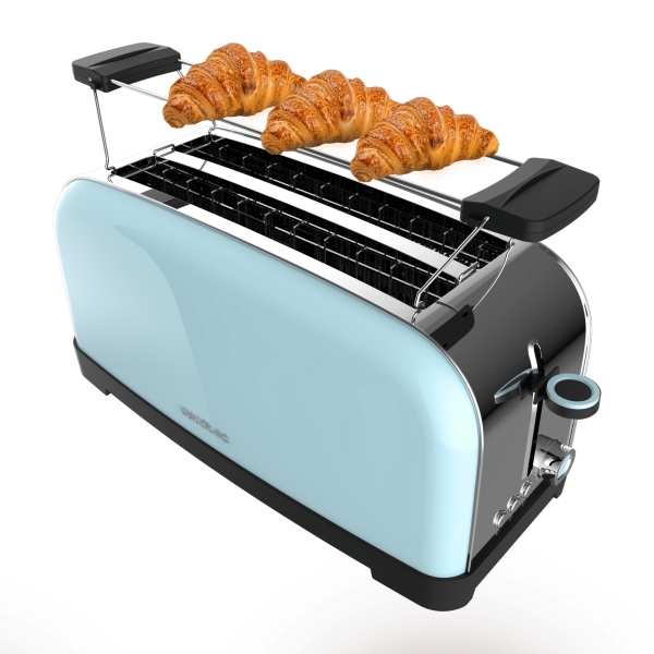 Cecotec Toastin' Time 1500 Tostadora de Doble Ranura Larga - 1500W - Capacidad para 4 Rebanadas - Ranura Ancha - Bandeja Recogemigas - 7 Niveles - Acabado en Acero Inoxidable - Color Azul Cl
