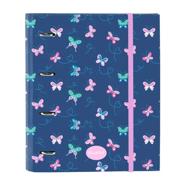 Safta Blackfit8 Mariposas Carpeta con 4 Anillas 35mm - Tapas Duras Forradas - Recambio 100 Hojas - Cuadriculas 5x5mm - Cierre Elastico - Separadores Internos - 270x35x320mm - Color Azul Marino