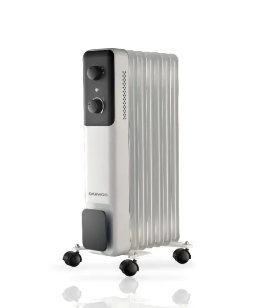 Daewoo DW9505 Radiador de Aceite - Potencia 1500W - 7 Elementos - Termostato Regulable - Ruedas - Asa de Transporte - Funcionamiento Automatico - Color Blanco y Negro