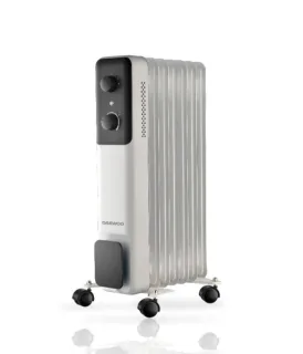 Daewoo DW9505 Radiador de Aceite - Potencia 1500W - 7 Elementos - Termostato Regulable - Ruedas - Asa de Transporte - Funcionamiento Automatico - Color Blanco y Negro