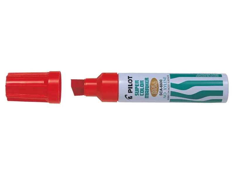 Pilot Super Color 6600 Rotulador Permanente Multisuperficie Extragrueso - Punta Biselada Extragruesa de Fibra - Tinta Base Alcohol Libre de Xileno - Cuerpo Metalico - Color Rjo · Pack de 12 uds.