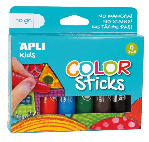 Apli Color Sticks Pack con 6 Temperas Solidas de 10g - Acabado Satinado sin Necesidad de Barniz - Secado Rapido en Menos de 3 Minutos - Efecto Cera o Tempera Segun la Presion Ejercida