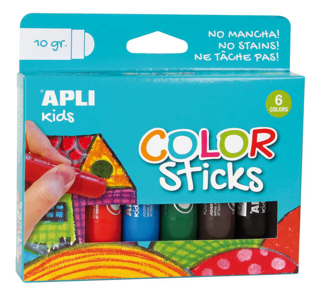 Apli Color Sticks Pack con 6 Temperas Solidas de 10g - Acabado Satinado sin Necesidad de Barniz - Secado Rapido en Menos de 3 Minutos - Efecto Cera o Tempera Segun la Presion Ejercida