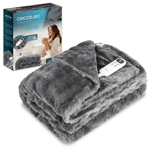 Cecotec HeatConfort Noa Manta Electrica - 115W - Apagado Automatico - Piel Sintetica y Franela - 10 Niveles de Calor - Control LCD Extraible - Lavable a Maquina - 180x130cm - Color Gris Oscu