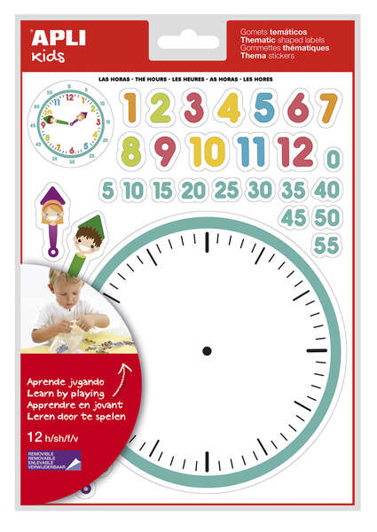 Apli Gomets Tematicos las Horas - 360 Gomets en 12 Hojas - Ayuda en el Aprendizaje de las Horas y Habilidades Motoras - Adhesivo Removible - Ideal para Escuelas - Adhesivo Base Agua - Libre de Disolventes - Colorido · Pack de 5 uds.