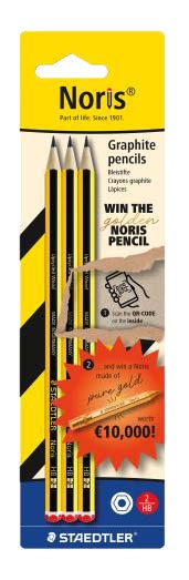 Staedtler Noris Pack con 3 Lapices de Grafito Hexagonal HB - Mina Ultrarresistente de 2mm - Madera de Bosques Sostenibles