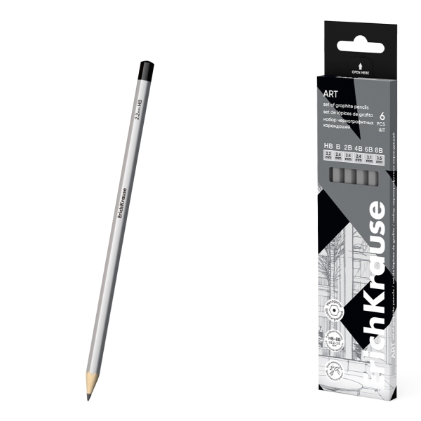 ErichKrause Art Pack de 6 Lapices de Grafito - Durezas Surtidas HB-8B - Cuerpo Hexagonal - Mina Resistente - Agarre Ergonomico - Color Plata