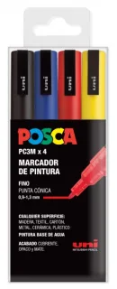 Posca PC3M Pack de 4 Marcadores de Pintura - Punta Conica 0.9-1.3mm - Tinta Base al Agua - Resistente a la Luz - No Permanente - Ideal para Carteleria y Decoracion - Colores Negro, Azul, Roj