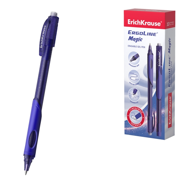 ErichKrause ErgoLine Magic Stick and Grip Boligrafo Borrable - Punta de 0.5mm - Trazo 0.4mm - Tinta de Gel - Resistente al Agua - Zona de Agarre de Goma - Color Azul · Pack de 10 uds.