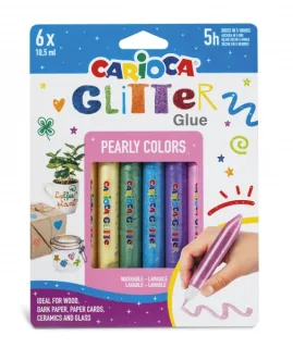 Carioca Glitter Glue Pearly Blister de 6 Tubitos de Cola de Color - Efecto Glitter - Aplicacion Directa - Secado en 30 Minutos - Color Varios