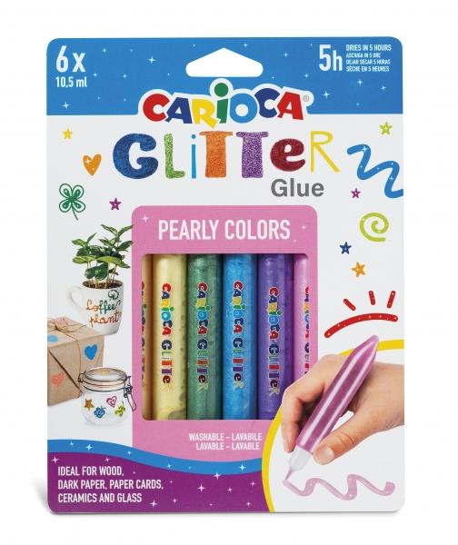 Carioca Glitter Glue Pearly Blister de 6 Tubitos de Cola de Color - Efecto Glitter - Aplicacion Directa - Secado en 30 Minutos - Color Varios