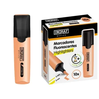 Ingraf Long-Life Marcador Fluorescente - Punta Biselada - Trazo 2-5mm - Tinta Base de Agua - Color Naranja · Pack de 10 uds.