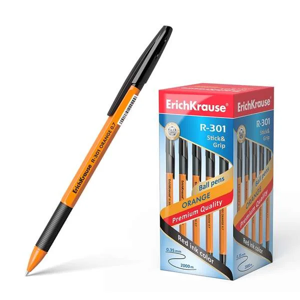 Erichkrause Boligrafo R-301 Stick&Grip 0.7 - Cuerpo Naranja con Agarre de Goma - Tinta de Secado Rapido - Color Negro · Pack de 50 uds.