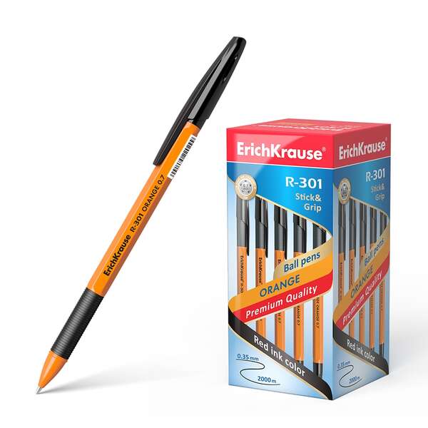 Erichkrause Boligrafo R-301 Stick&Grip 0.7 - Cuerpo Naranja con Agarre de Goma - Tinta de Secado Rapido - Color Negro · Pack de 50 uds.