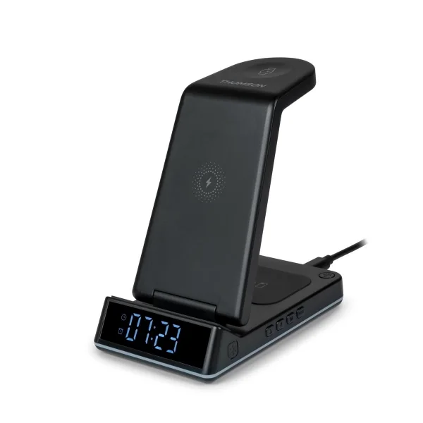 Thomson Reloj Despertador con Estacion de Carga Inalambrica para Smartphone, iWatch y Auriculares - Pantalla LCD - Luz de Noche - Color Negro