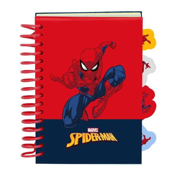 Safta Spider-Man Bloc de Notas - Formato A6 - 80 Hojas de 80 g/m2 - Espiral - Tapas Duras - 4 Separadores Interiores - 10.5x14.8cm - Color Rojo y Azul