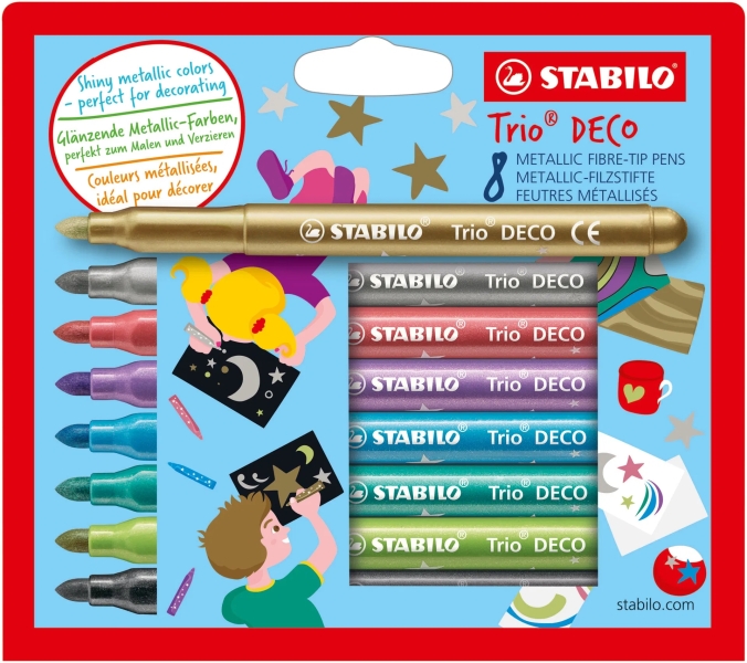 Stabilo Trio Deco Pack con 8 Rotuladores de Punta XL - Trazo 3mm - Zona de Agarre Triangular - Colores Metalicos Brillantes Surtidos