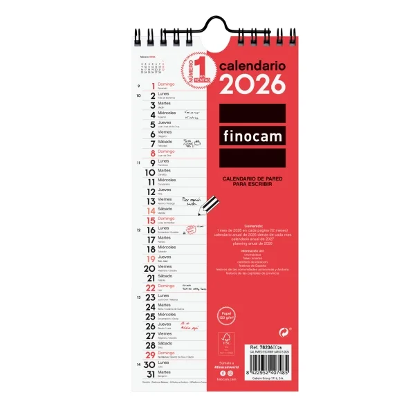 Finocam Calendario de Pared - Anual 2026 - 110x5x240mm - Espacio para Escribir - Color Blanco y Rojo