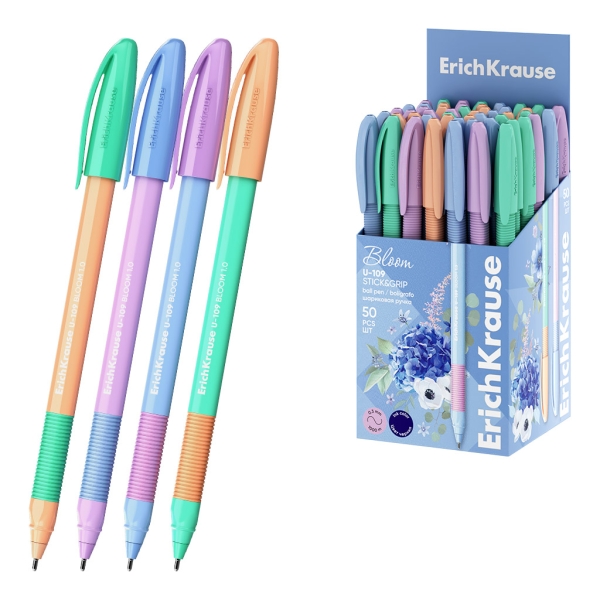 ErichKrause U-109 Stick and Grip Pastel Bloom Boligrafo con Capuchon - Modelos Surtidos - Trazo 0.3mm - Zona de Agarre de Goma - Tinta de Baja Viscosidad - Tapa Ventilada - Color Azul · Pack de 50 uds.