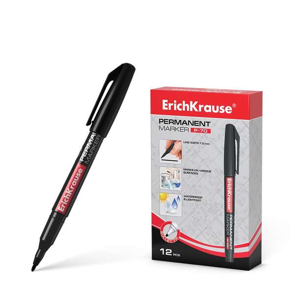 Erichkrause Marcador Permanente P-70 - Punta de Bala de 1.0mm - Resistente al Agua y a La Luz - Color Negro · Pack de 12 uds.