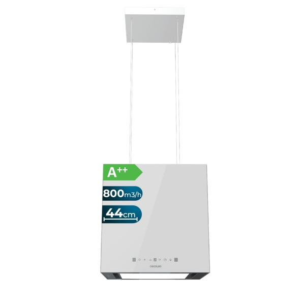 Cecotec Bolero Flux CCT 448000 Glass White A++ Campana Extractora Colgante de 44cm - 210W - Succion 800m3/h - Luz LED - Pantalla LED - Incluye Accesorios - Filtros de Carbono Incluidos - Col
