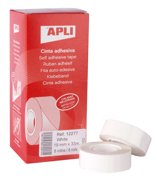 Apli Cinta Adhesiva Blanca 19mm x 33m - Resistente al Desgarro - Facil de Cortar - Adhesion Fuerte Blanco · Pack de 8 uds.